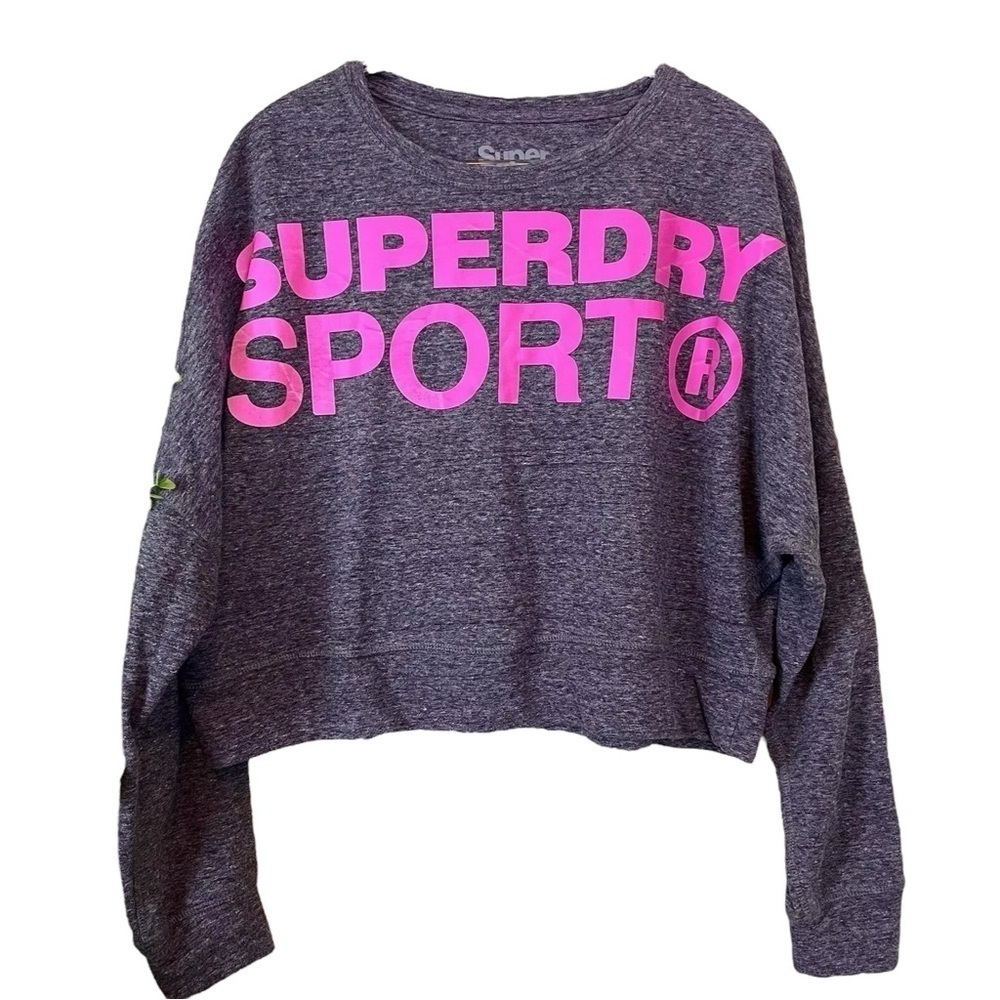 Superdry Sport Logo Sweatshirt Cropped Heathered Gray Hot Pink Size UK 14 US 10